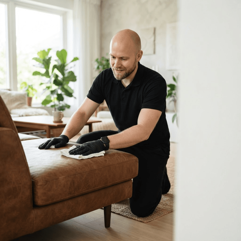 Professionaalne spetsialist puhastab hoolikalt pruuni nahkdiivani heledas kodus